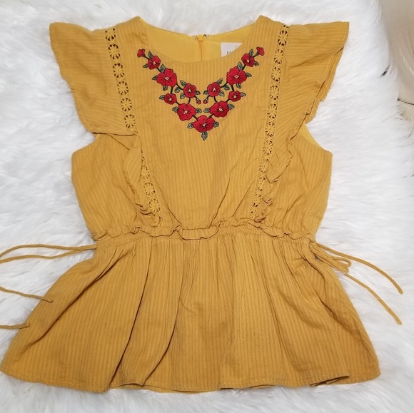 Anthropologie Tops - ❌SOLD❌Moon River Yellow Embroidered Ruffle Top Sm